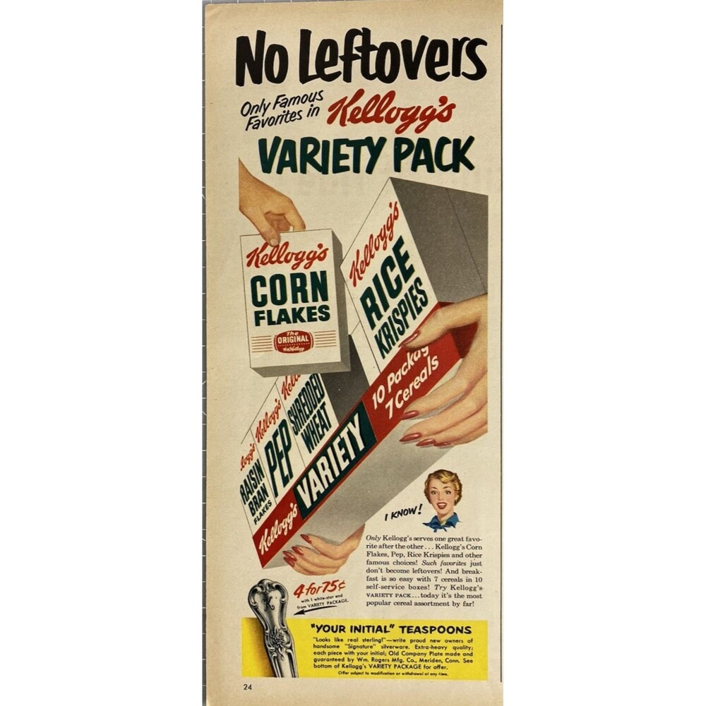 Kellogg's Cereal Variety Pack "No Leftovers Only Favorites" Vintage Print Ad '51